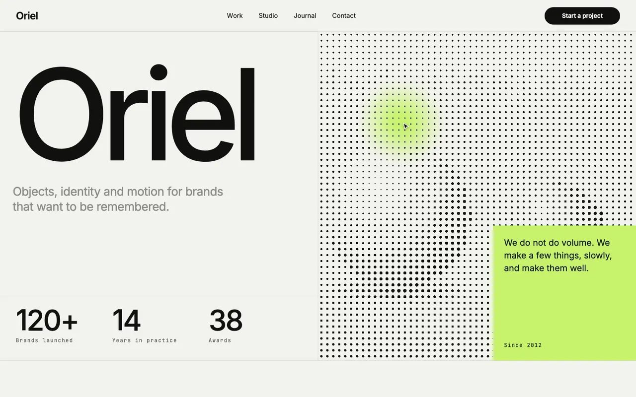 The Oriel site’s hero, a large name over a halftone field